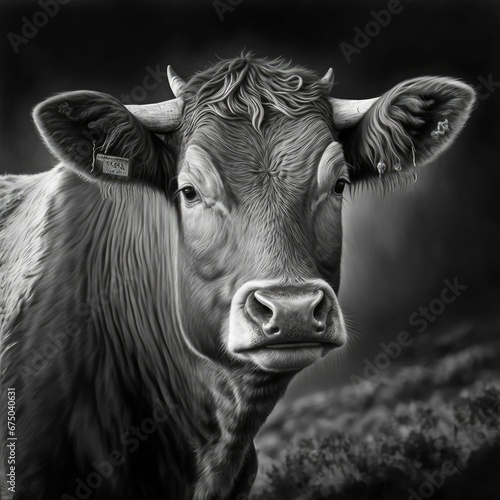 AI generated illustration of the portrait of a cow in black and white.