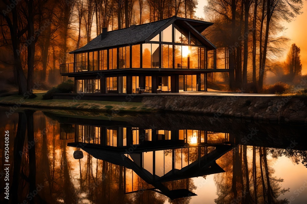 A riverside house with a picture-perfect reflection in calm waters at sunset. A riverside house with a picture-perfect reflection in calm waters at sunset.