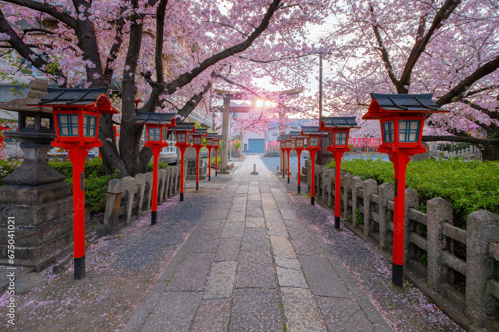 Kyoto, Japan - March 31 2023: Rokusonno shrine built in 963, enshrines MInamota no Tsunemoto the 6th grandson of Emperor Seiwa. It's one of the best cherryblossom viewing spots in Kyoto Kyoto, Japan - March 31 2023: Rokusonno shrine built in 963, enshrines MInamota no Tsunemoto the 6th grandson of Emperor Seiwa. It's one of the best cherryblossom viewing spots in Kyoto