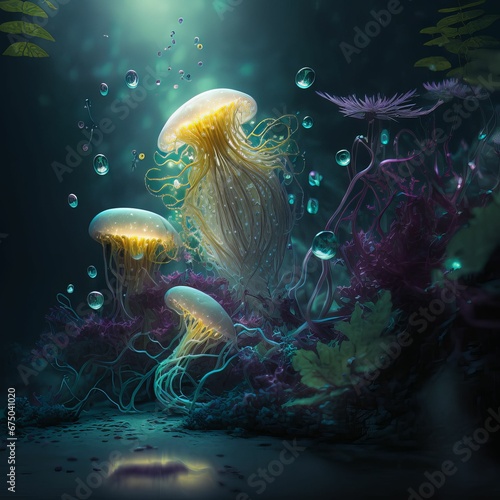 AI generated illustration of a fantasy underwater world with seaweed and jellyfish