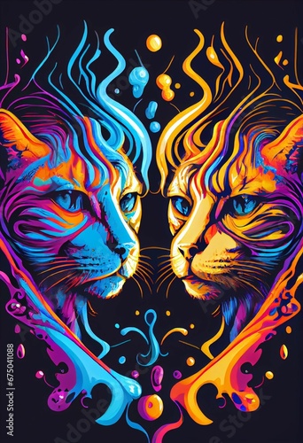 AI generated illustration of two cats facing each other with colorful lines