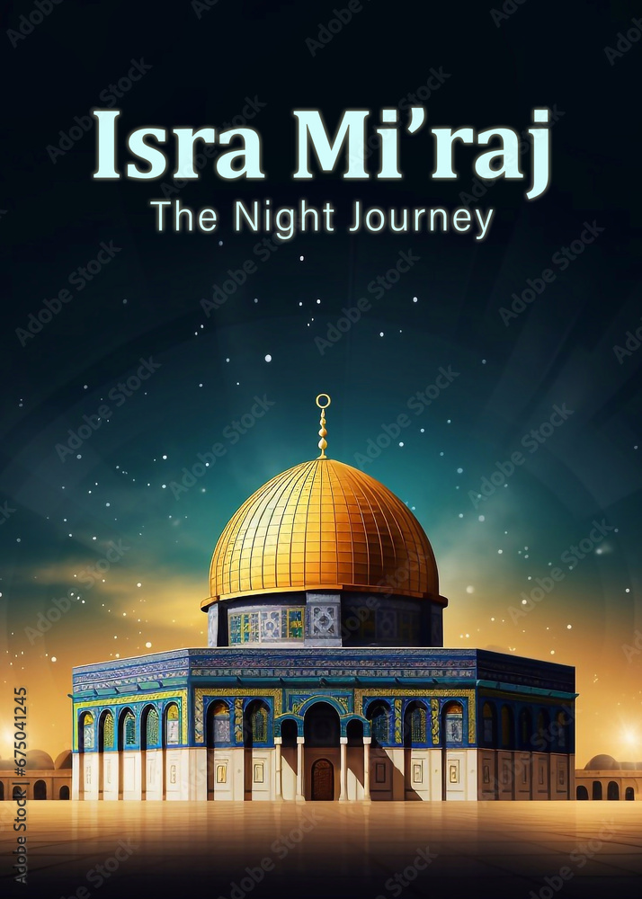 Obraz premium Al-Isra wal Mi'raj Poster Design. The night journey Prophet Muhammad Illustration
