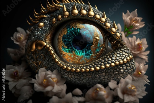 AI generated illustration of a dragon eye jewelry covered in gold and precious stones