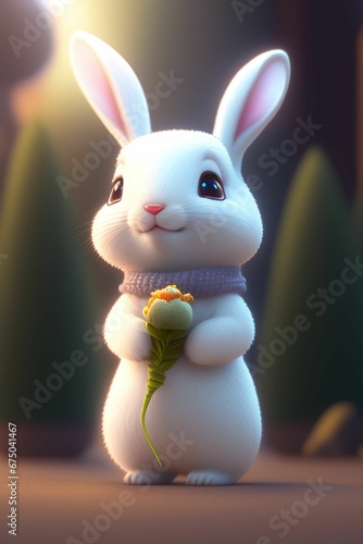 AI generated illustration of a cute fluffy white rabbit with a flower in its paws
