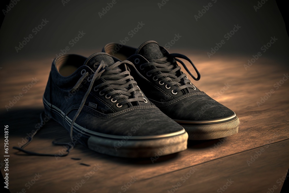 AI generated illustration of black sneakers on the wooden ground