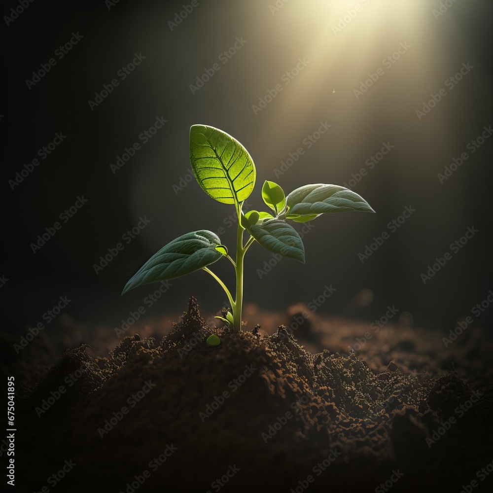 AI generated illustration of a growing plant in soil covered with sun ...