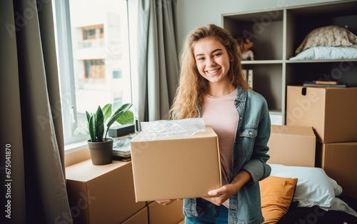 A young smiling student is standing in a dorm room and holding a box with personal belongings in her hands