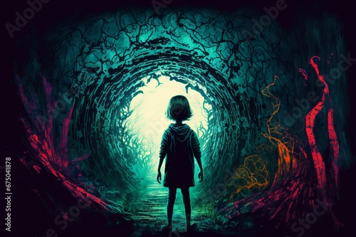 AI generated illustration of a young girl in a tunnel looking at the light in the end of it