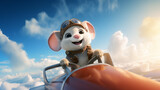 大空の雲の上を赤い飛行機で飛んでいるパイロットのネズミ