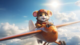 大空の雲の上を赤い飛行機で飛んでいるパイロットのネズミ