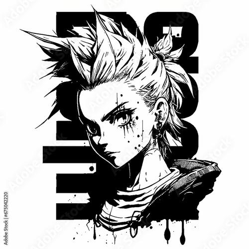 AI generated illustration of a manga character with black and white paint on a white background