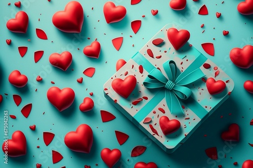 AI generated illustration of a gift box surrounded by red small herta on a blue background photo