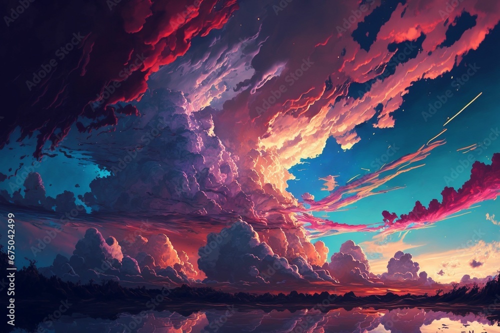 AI generated illustration of a beautiful bright colorful sunset sky over water