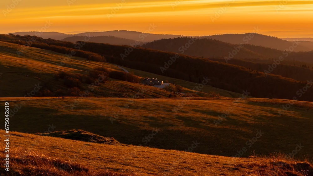 Idyllic countryside scene of rolling hills with yellow grass silhouetted against the setting sun