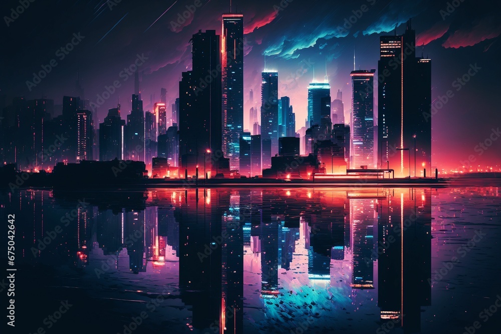 AI generated illustration of illuminated modern skyline reflected in water with bright colors AI generated illustration of illuminated modern skyline reflected in water with bright colors