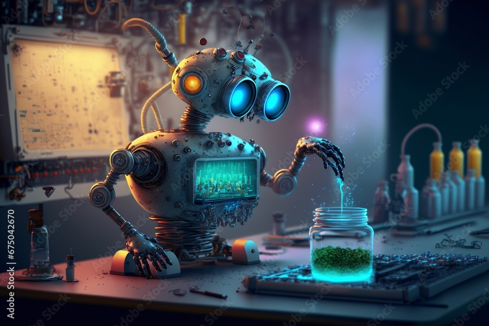 AI generated illustration of a futuristic robot conducting experiments ...