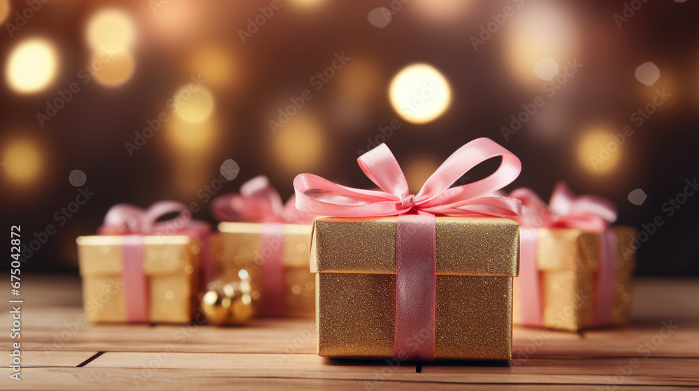 Gift box wrapped in pink paper with golden ribbon bow and glitter on festive background with golden bokeh particles ,Christmas theme. Happy holidays celebration Gift box wrapped in pink paper with golden ribbon bow and glitter on festive background with golden bokeh particles ,Christmas theme. Happy holidays celebration