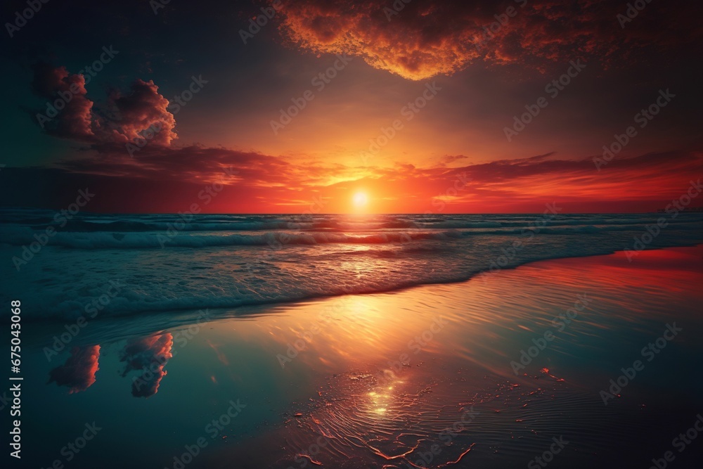 AI generated illustration of sea waves washing the sandy beach at sunset