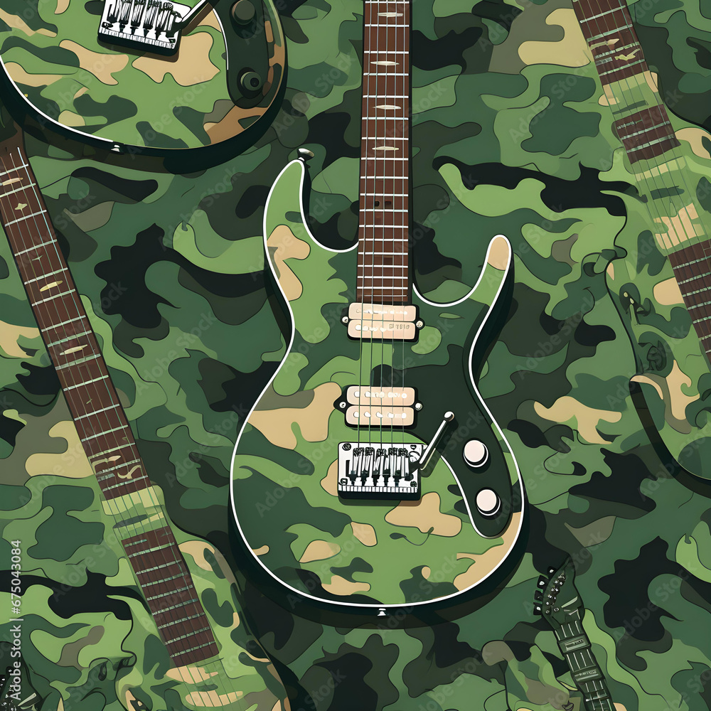 a seamless pattern of a guitar wrapped in camoflogue in cartoon style tile