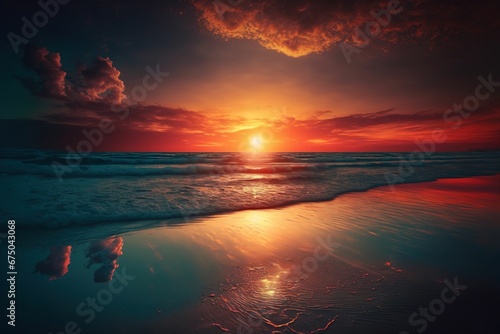 AI generated illustration of sea waves washing the sandy beach at sunset