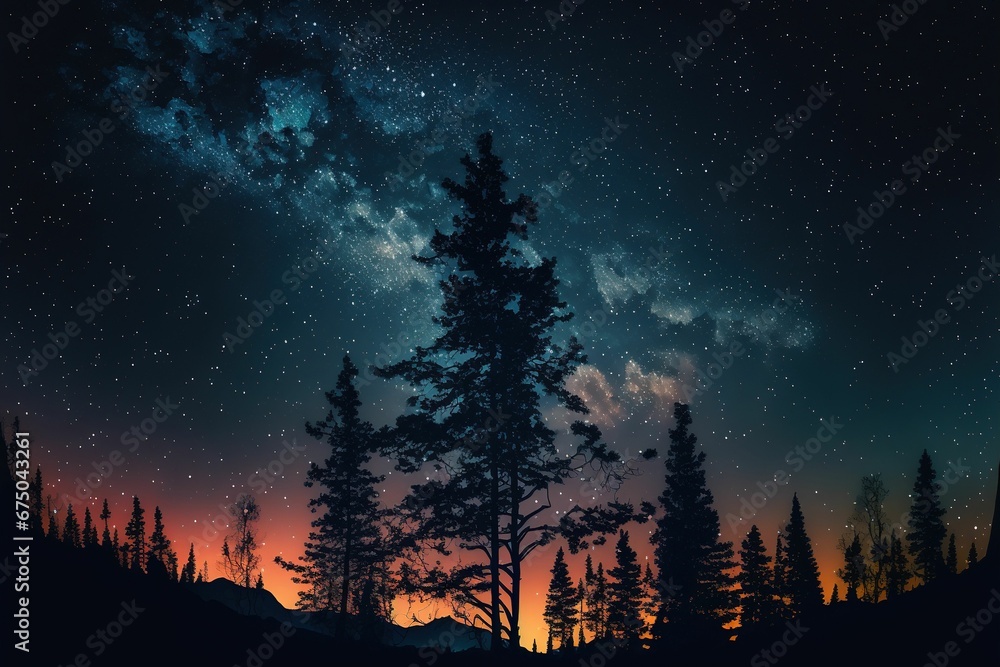 AI generated illustration of starry night sky, magical galaxy over valley with trees
