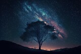 AI generated illustration of starry night sky, magical galaxy over valley with trees