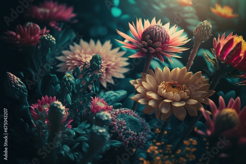 AI generated illustration of beautiful Chrysanthemum flowers growing in a garden