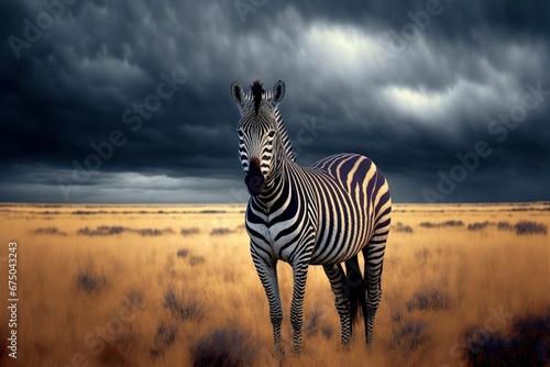 AI generated illustration of beautiful zebra on dry grassy field under thunderclouds in dark sky