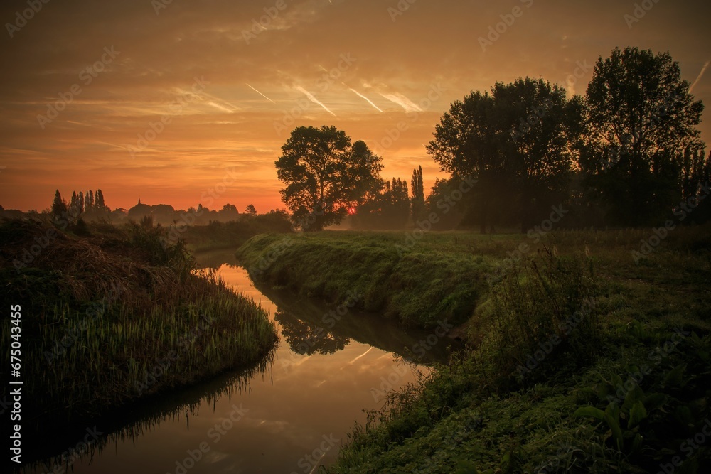 Tranquil landscape of a marshy grassland and river, illuminated by the warm, golden light