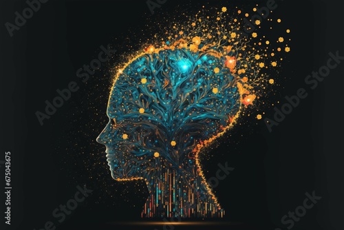 AI-generated illustration of a sci-fi head in blue and abstract orange paint on a black background