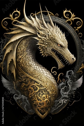 AI generated illustration of a furious golden dragon emblem isolated on the black background © Wirestock