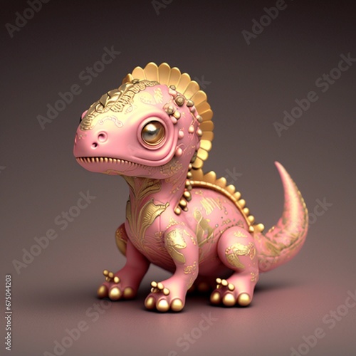 a pink toy dinosaur with golden spikes and some big teeth