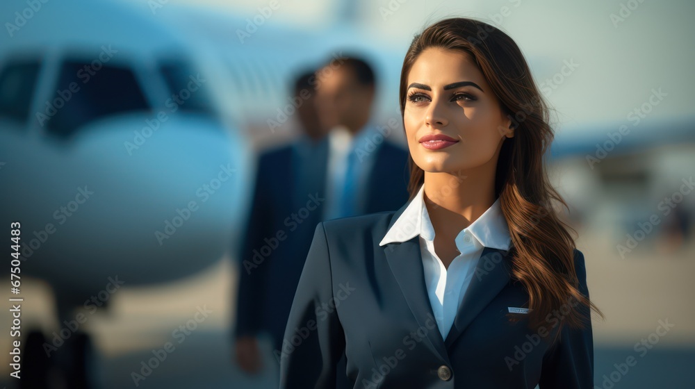 Flight attendant in uniform look friendly at airport , pleasant service for airline passengers - obrazy, fototapety, plakaty 