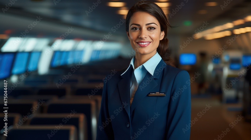 Flight attendant in uniform look friendly at airport , pleasant service for airline passengers Flight attendant in uniform look friendly at airport , pleasant service for airline passengers