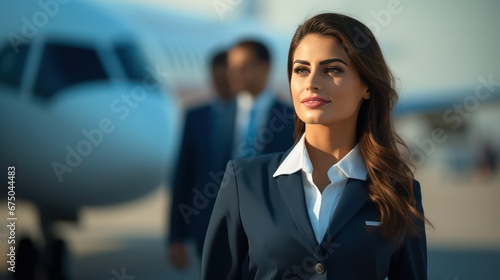 Flight attendant in uniform look friendly at airport , pleasant service for airline passengers photo