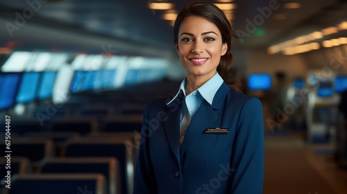 Flight attendant in uniform look friendly at airport , pleasant service for airline passengers © ETAJOE