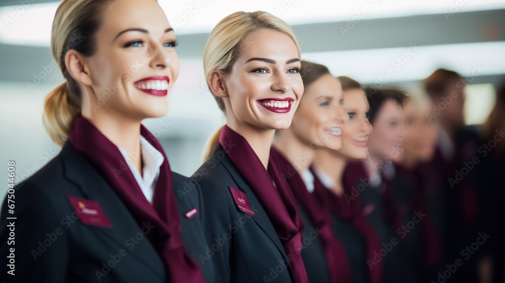 Smiling Group of flight attendant in uniform look friendly at airport , pleasant service for airline passengers Smiling Group of flight attendant in uniform look friendly at airport , pleasant service for airline passengers