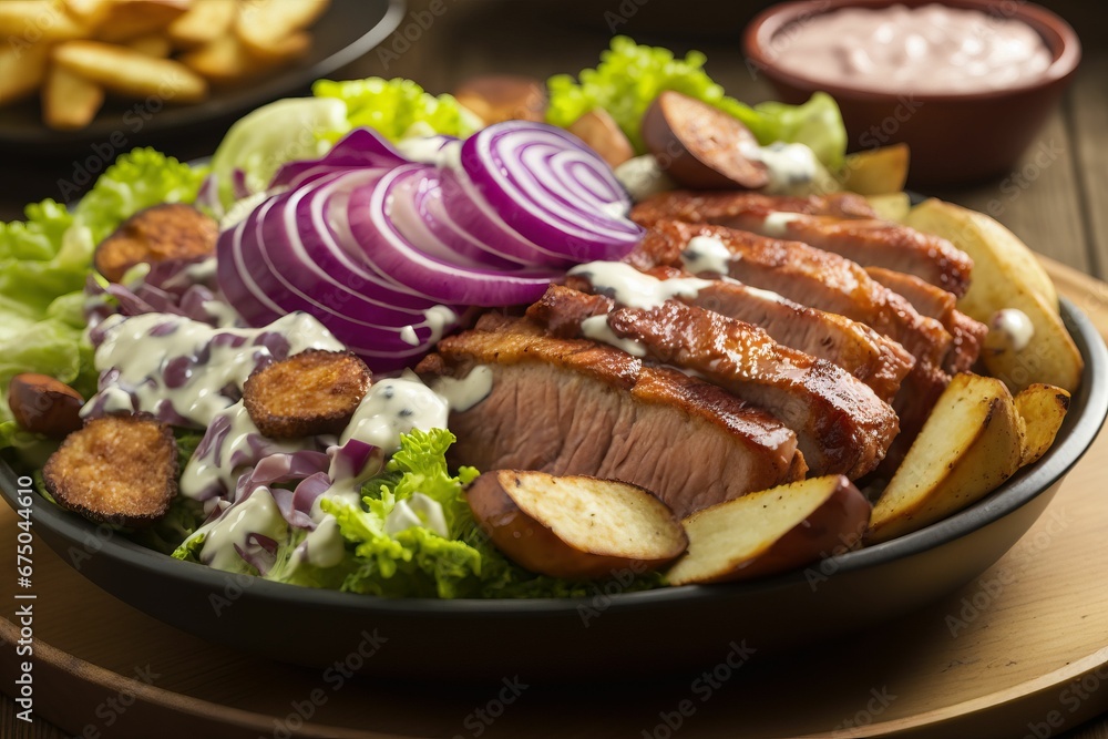 AI generated illustration of barbecue pork, salad and potatoes on the table AI generated illustration of barbecue pork, salad and potatoes on the table