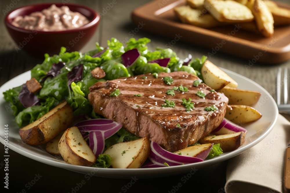 AI generated illustration of a fried steak served with potato barbeque and vegetables AI generated illustration of a fried steak served with potato barbeque and vegetables