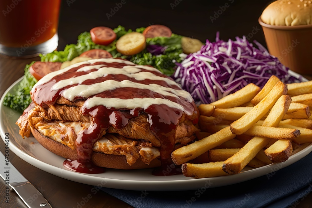 AI generated illustration of a combo: chicken barbecue, french fries, salad and drink