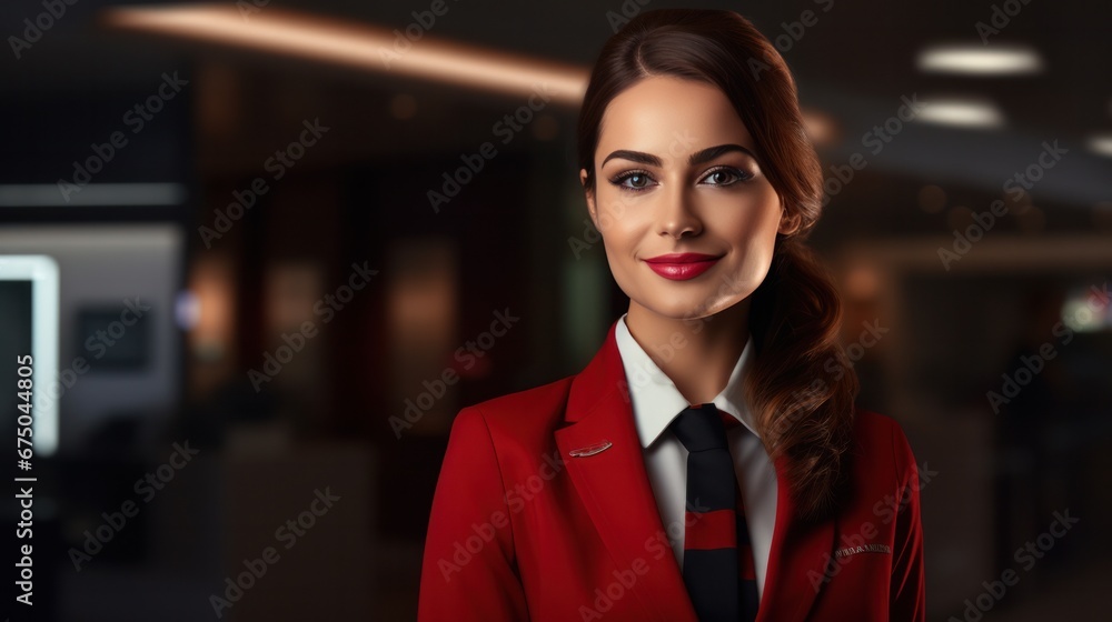 Smiling female flight attendant in uniform in aircraft cabin, Air hostess friendly airline employee, pleasant service for airline passengers, Cabin Crew Smiling female flight attendant in uniform in aircraft cabin, Air hostess friendly airline employee, pleasant service for airline passengers, Cabin Crew