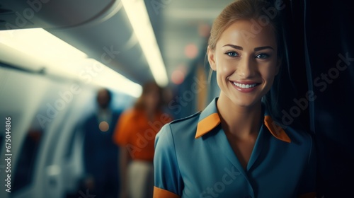 Smiling female flight attendant in uniform in aircraft cabin, Air hostess friendly airline employee, pleasant service for airline passengers, Cabin Crew photo