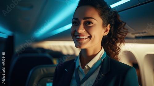 Smiling female flight attendant in uniform in aircraft cabin, Air hostess friendly airline employee, pleasant service for airline passengers, Cabin Crew © ETAJOE