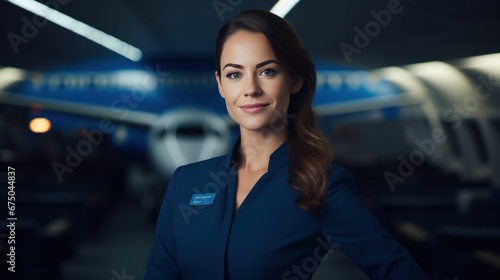 Female flight attendant in uniform in aircraft cabin, Air hostess friendly airline employee, pleasant service for airline passengers, Cabin Crew photo