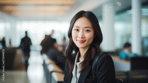Smiling asian businesswoman at airport, business trip, corporate and people concept