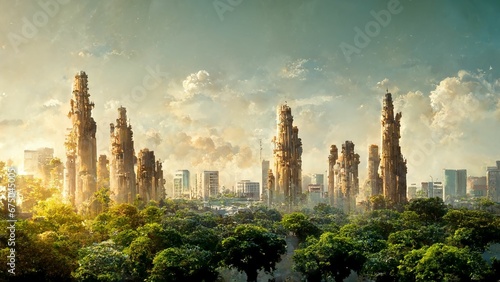 Illustration of a futuristic city covered in vegetation