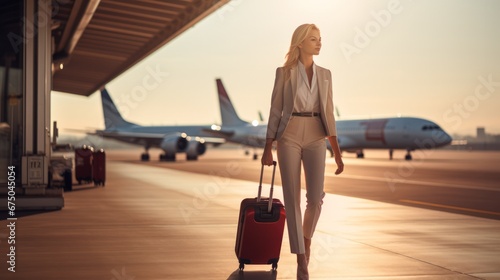 Young businesswoman walking with travel bag along office building or airport, business trip, corporate and people concept