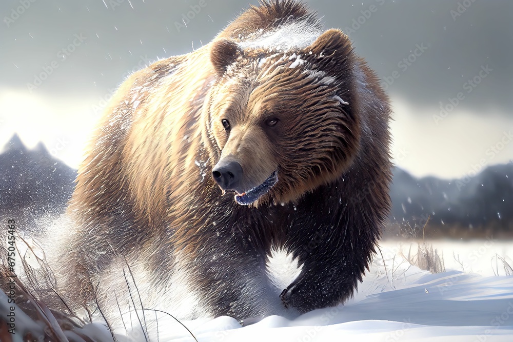 AI generated illustration of a grizzly bear waling during a snowstorm