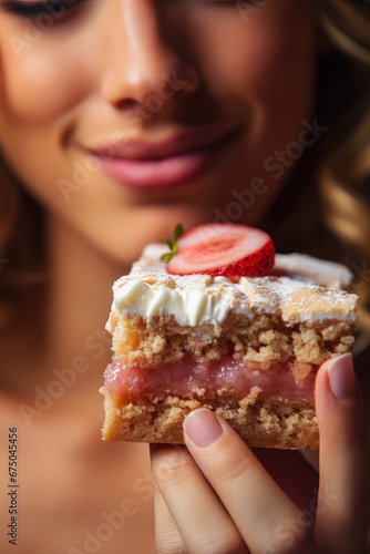 Beautiful Smiling Young Woman Holding a Piece of Cake