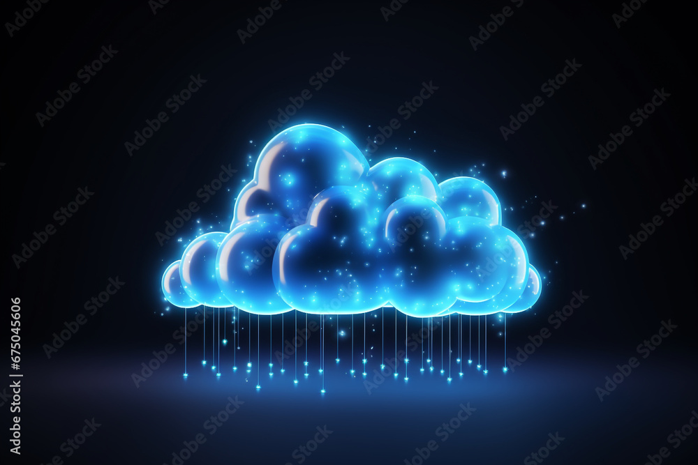 3d rendering concept cloud computing illustration. Light blue neon cloud icon on dark background 3d rendering concept cloud computing illustration. Light blue neon cloud icon on dark background